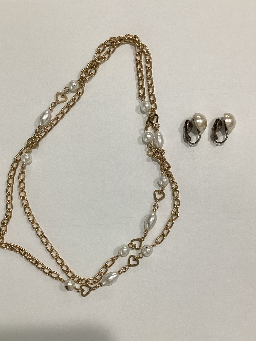 Gold-Tone Multi-Strand Pearl Necklace with Matching Clip-On Earrings